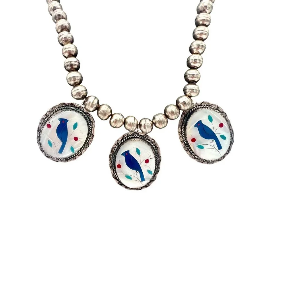 Vintage/Antique Native American Zuni Necklace Blue Bird Sterling Silver Bead - Picture 3 of 10